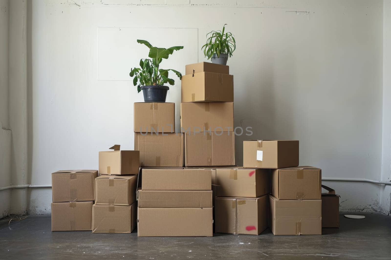 Cardboard boxes and household items in the room, a place for text by Lobachad