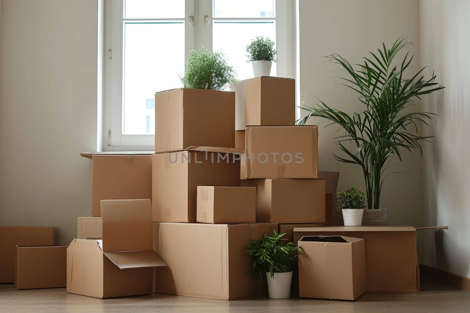 Cardboard boxes and household items in the room, a place for text by Lobachad