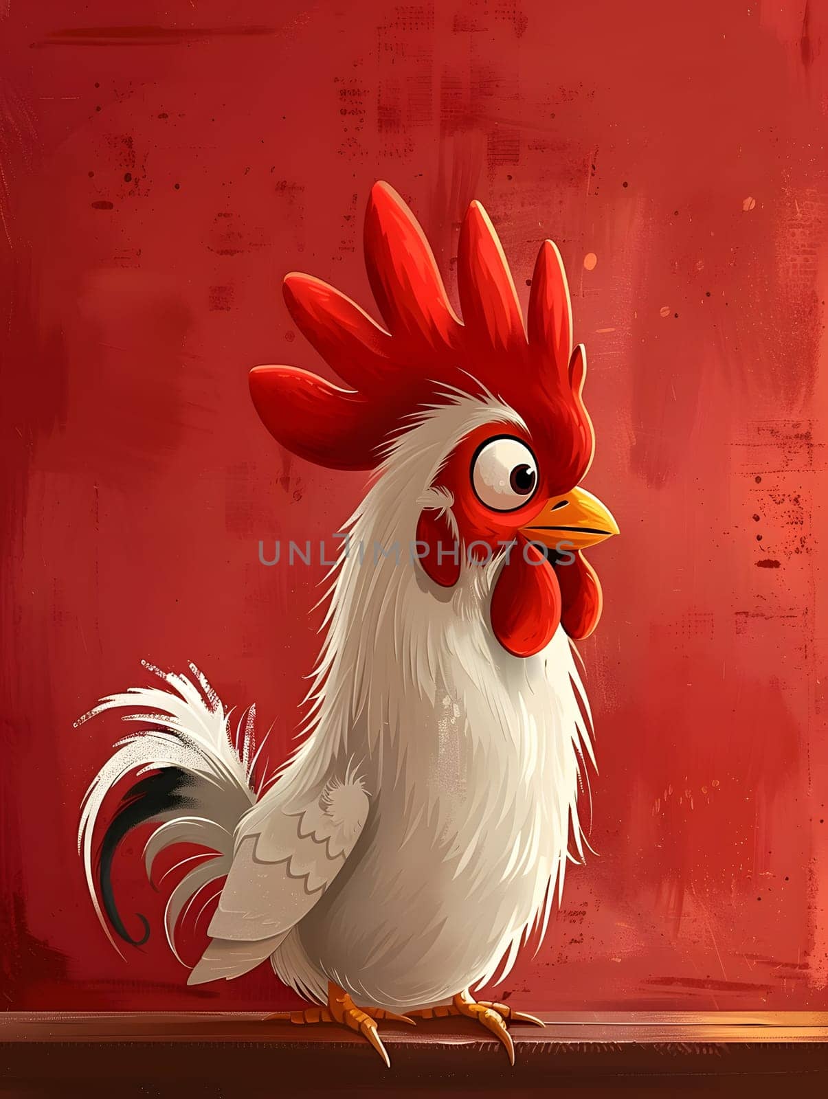 A Galliformes bird, known as a rooster, with a red comb and feather standing on a wall. This chicken, a member of the Phasianidae family, is a common poultry livestock