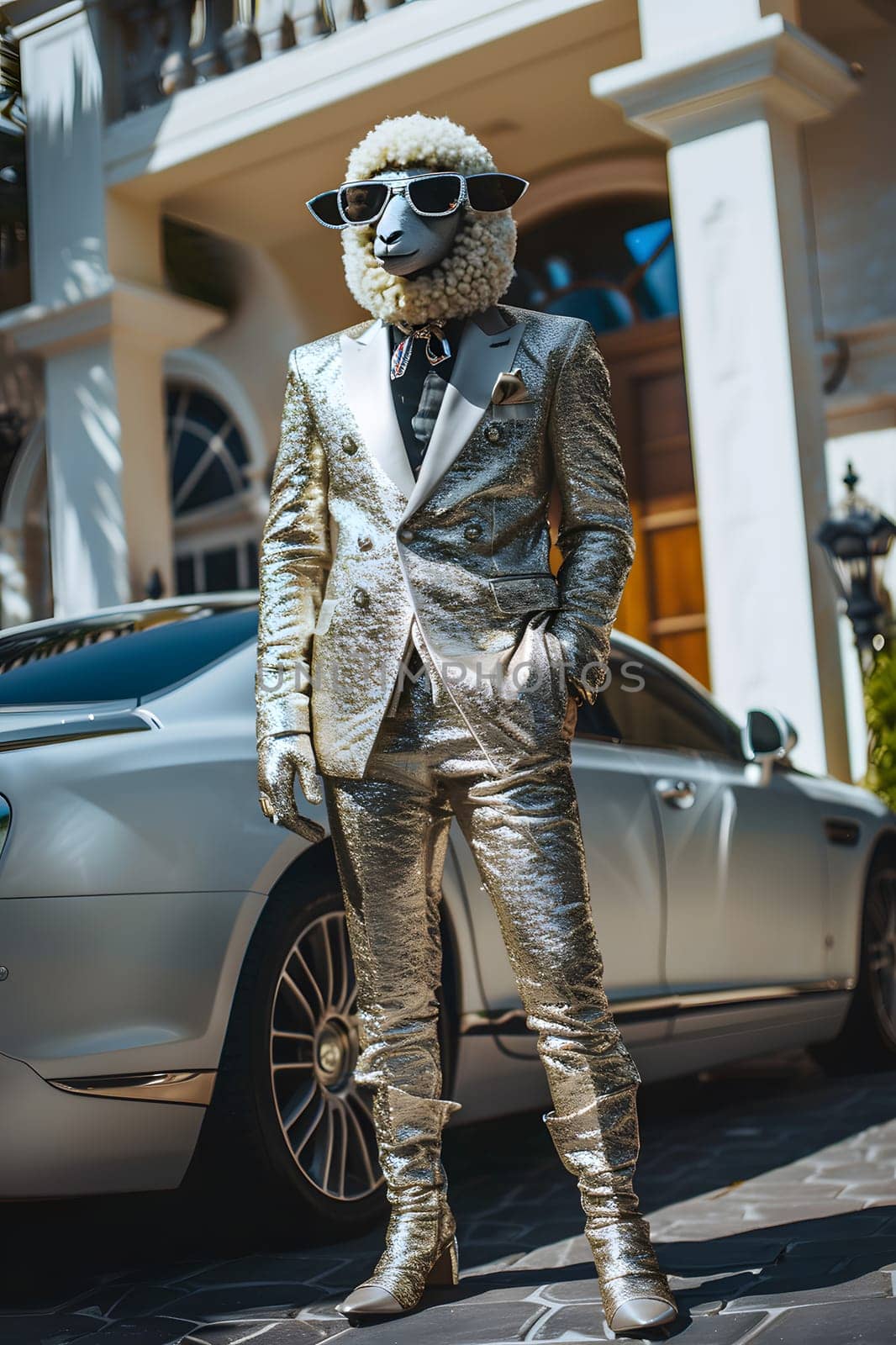 A man in sheep costume is posing next to a silver car with shiny wheel on the road, creating a unique juxtaposition of vehicle and animal disguise