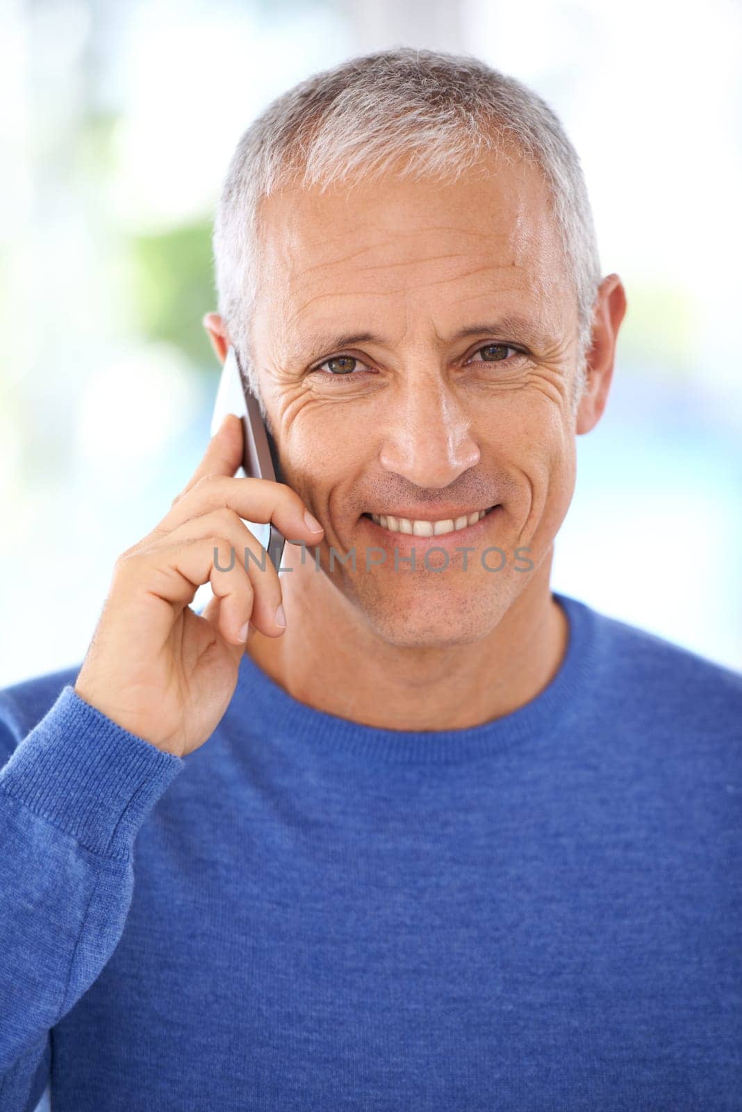 Portrait, man and phone call for contact, communication or talking with smile for good news. Happy, mature male person and smartphone for connectivity, discussion or conversation with closeup.