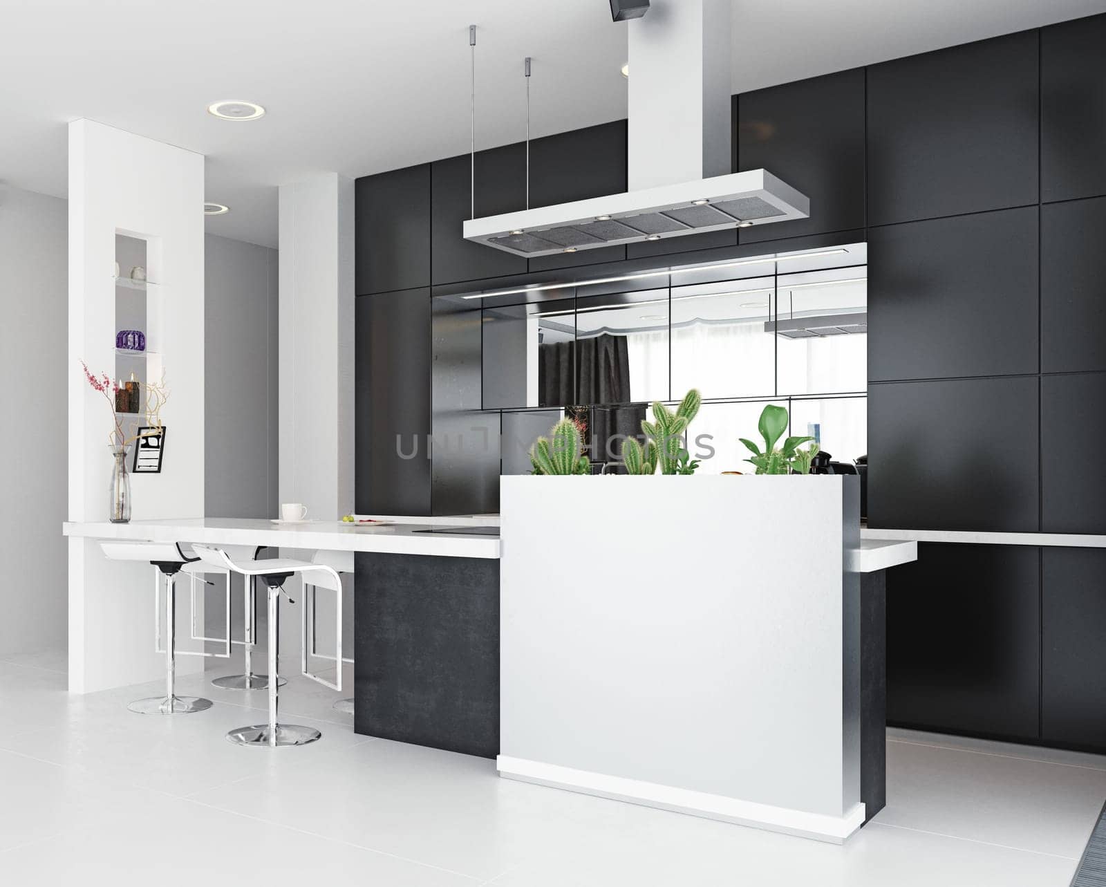 modern kitchen black and white interior. 3d rendering design concept