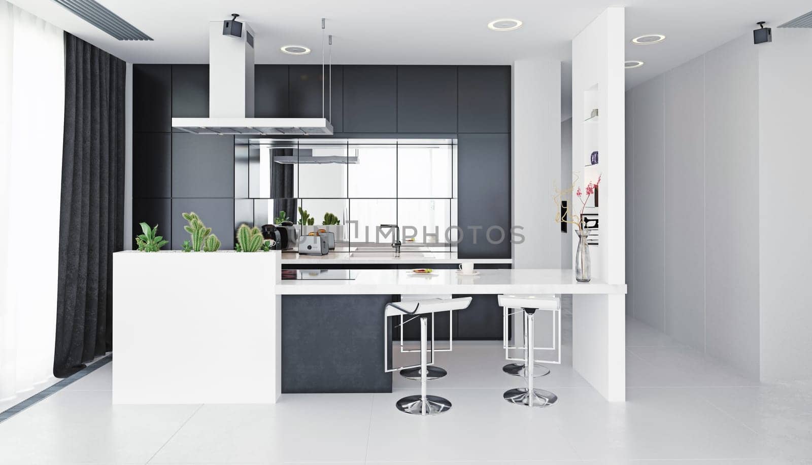 modern kitchen black and white interior. 3d rendering design concept