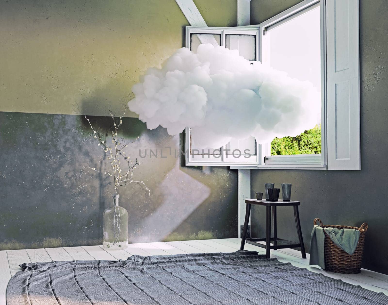 cloud in the room. 3d creative concept rendering