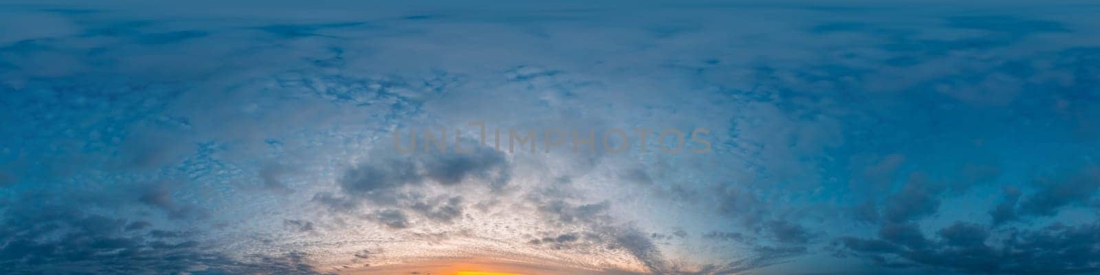 Bright sunset sky panorama with Cirrus clouds. Seamless hdr spherical equirectangular 360 panorama. Sky dome or zenith for 3D visualization, game and sky replacement for aerial drone 360 panoramas.