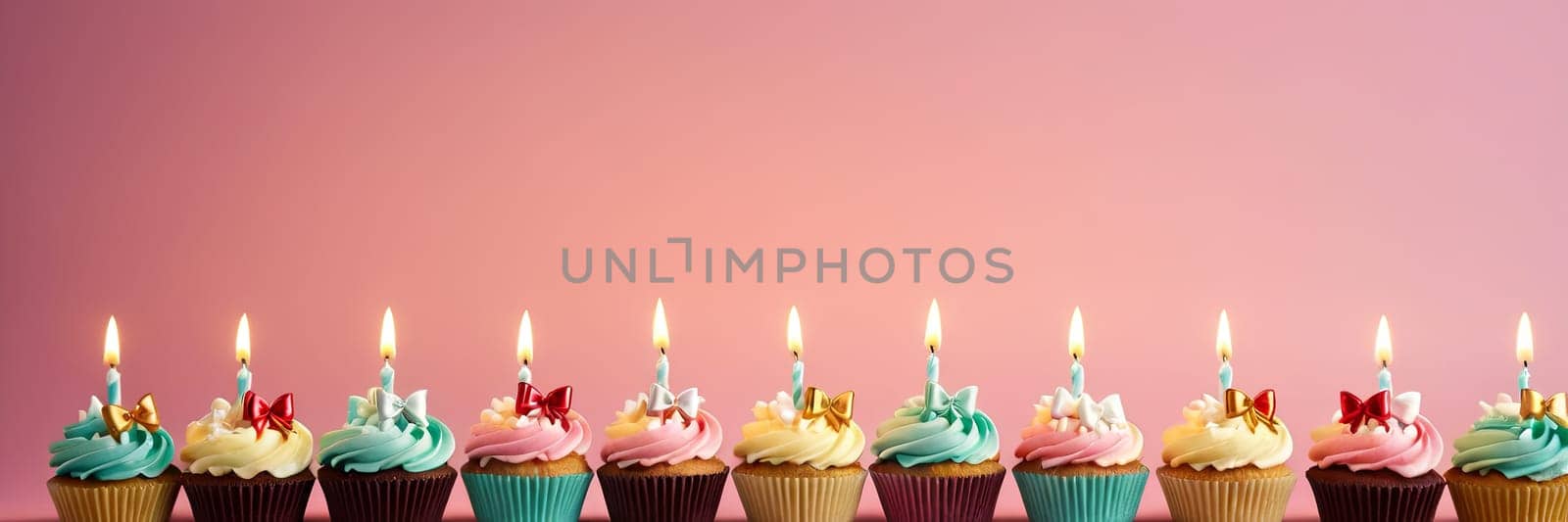 Colorful cupcakes with lit candles are displayed against a pink background, indicating an indoor celebration event marking of joy and celebrating. with free space by Matiunina