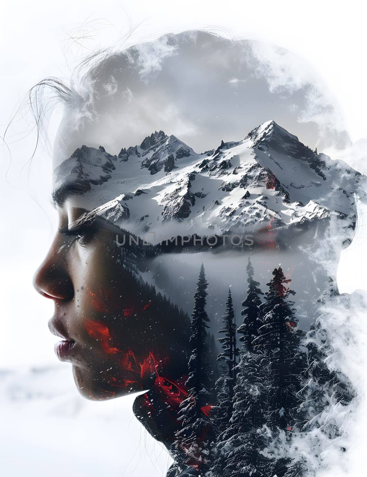 A compelling double exposure of a womans jawline and a majestic snowcapped mountain, showcasing the fusion of art and geological phenomenon in freezing winter settings