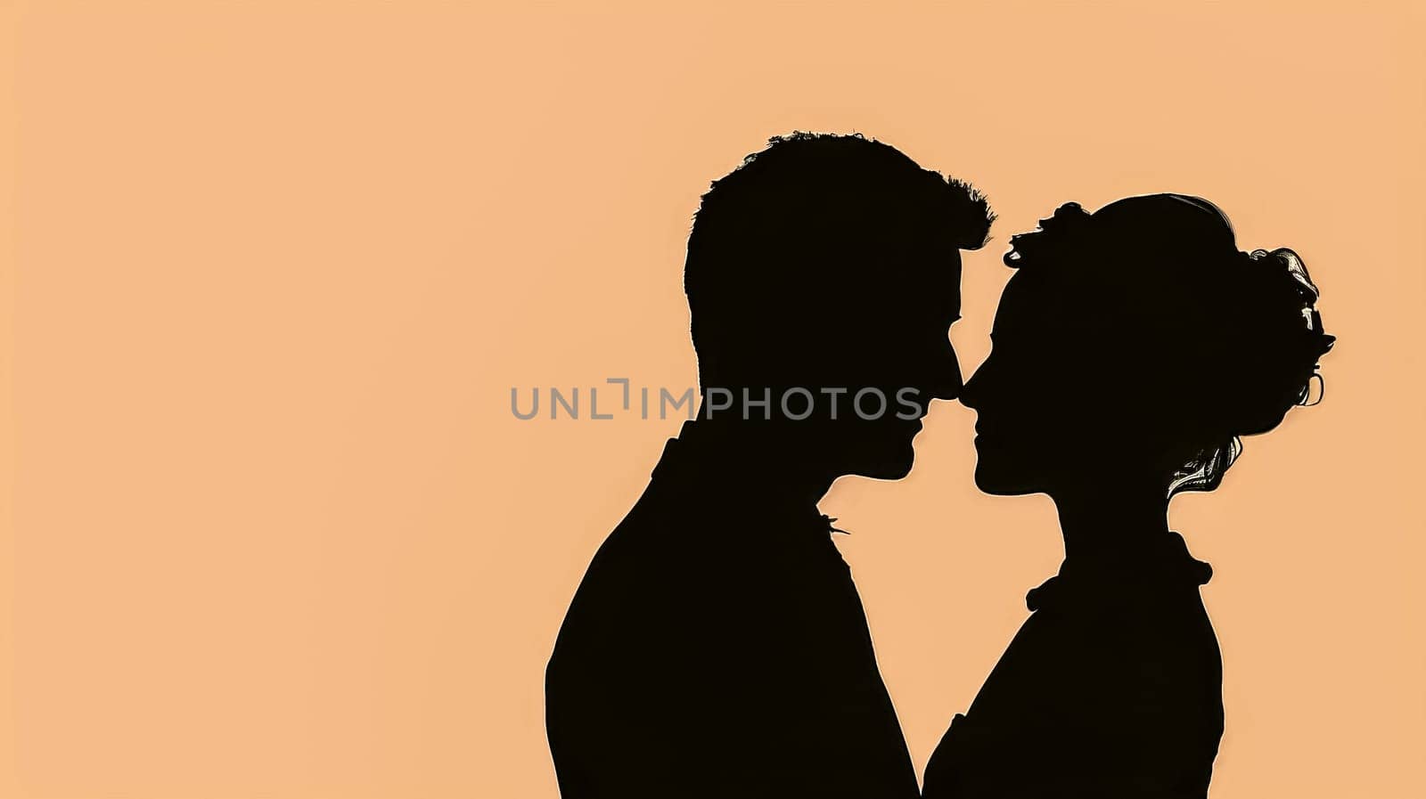 Striking silhouette of a man and woman about to kiss against a warm background