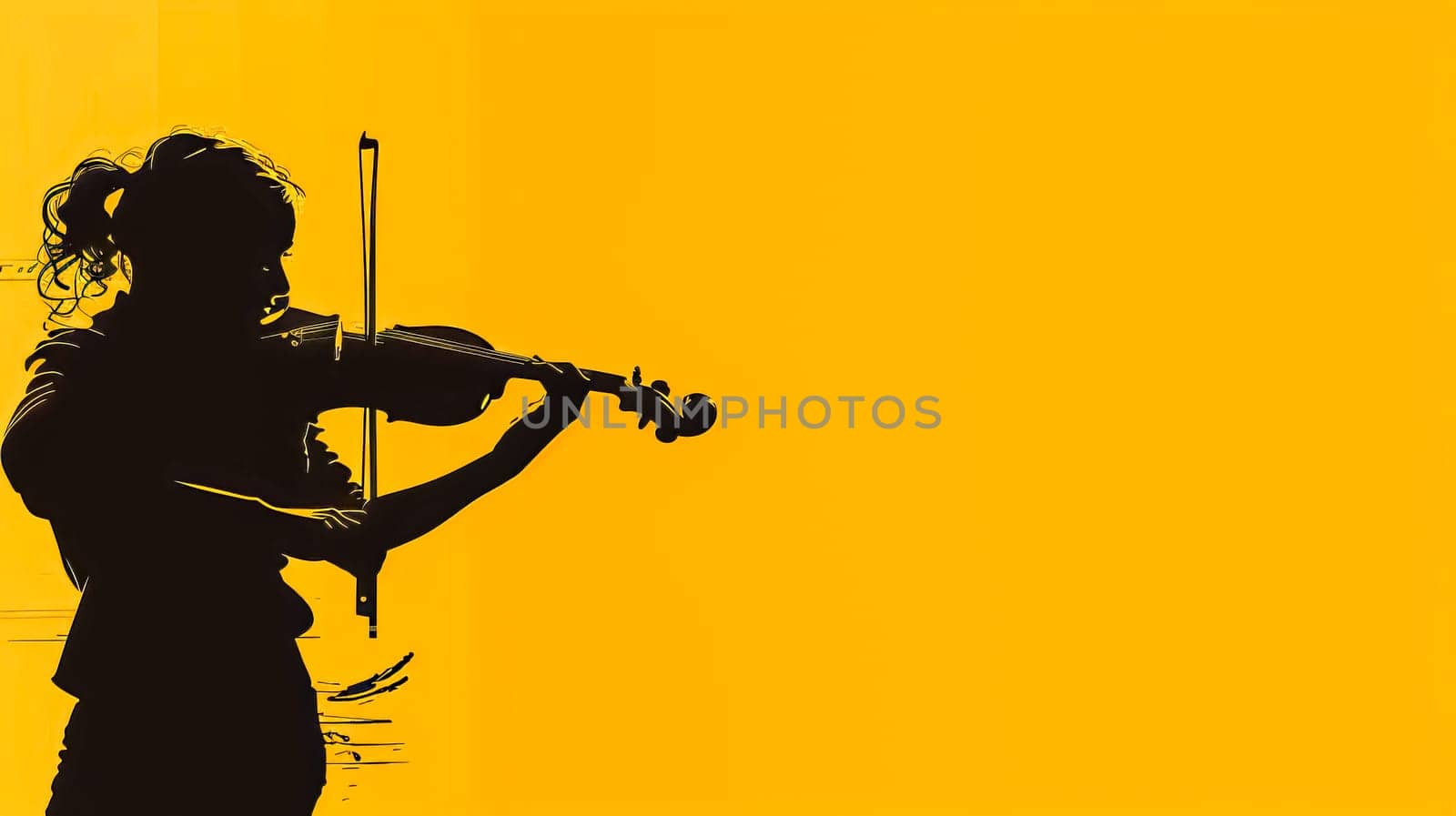 Elegant silhouette of a woman playing violin, vibrant yellow backdrop creating contrast