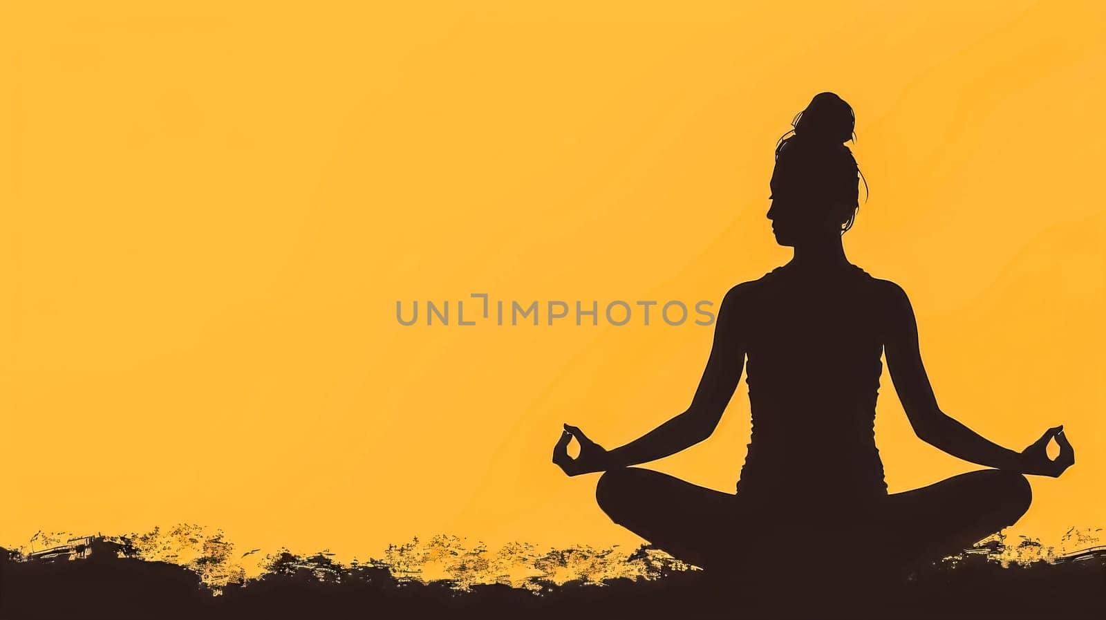 Tranquil silhouette of a woman meditating against a vibrant orange sunset backdrop