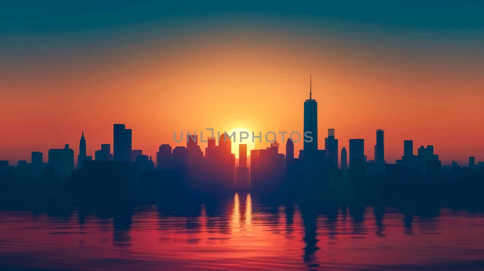 Tranquil urban sunrise silhouette over city skyline with vibrant orange sky and warm sunlight reflection on water. Showcasing the peaceful and atmospheric morning atmosphere in the metropolitan area