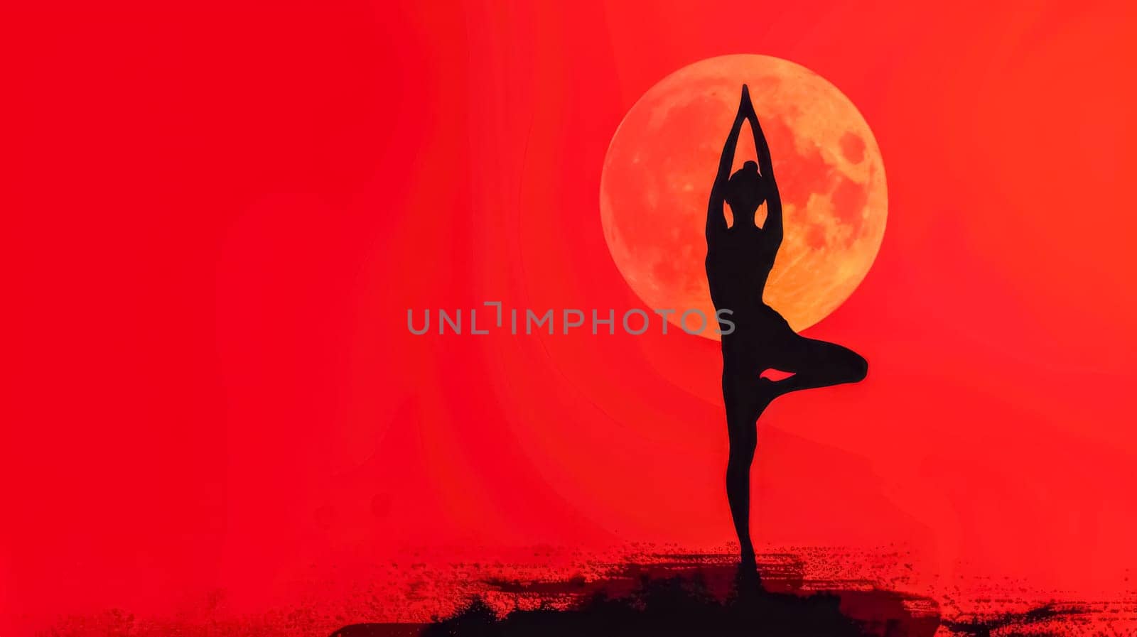 Tranquil yoga pose silhouette against a vibrant red sunset and full moon