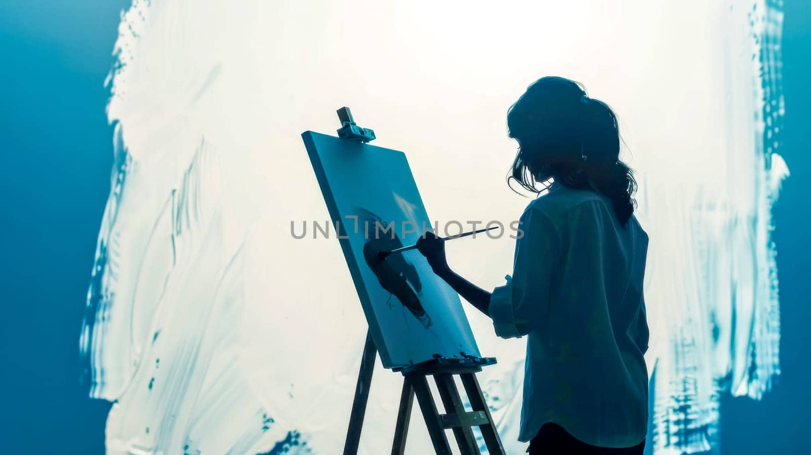Creative female painter working on a new artwork in her studio, backlit and in silhouette
