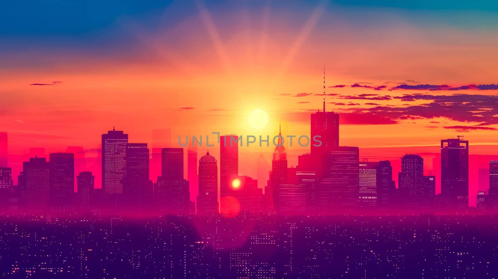 Panoramic view of a city skyline basked in the warm hues of a setting sun