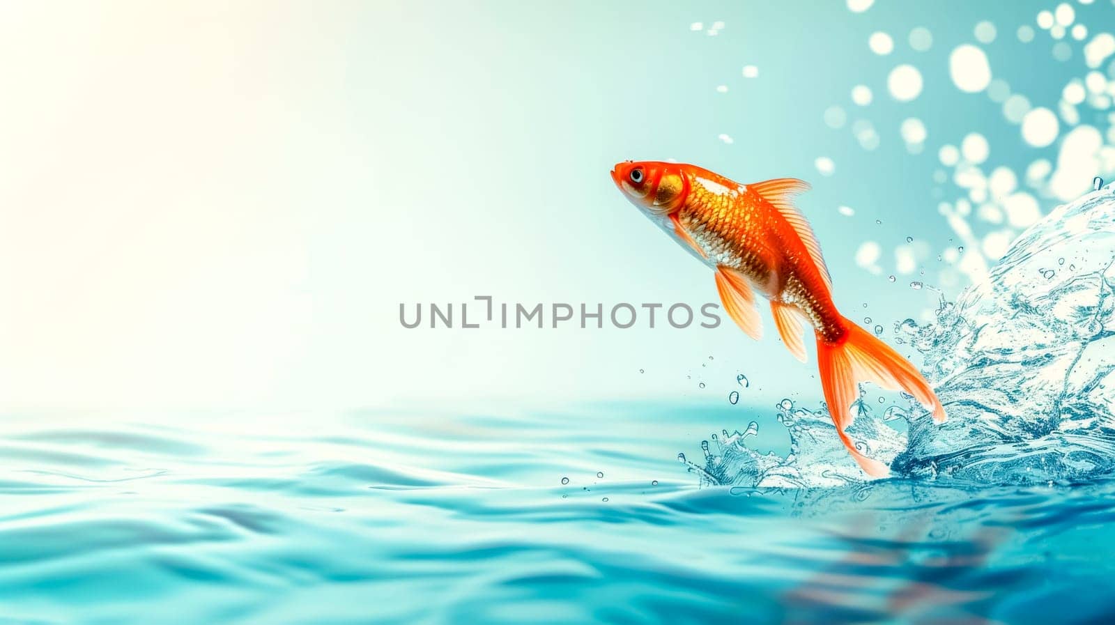 Vibrant goldfish leaping from blue water, creating a dynamic splash and bubbles