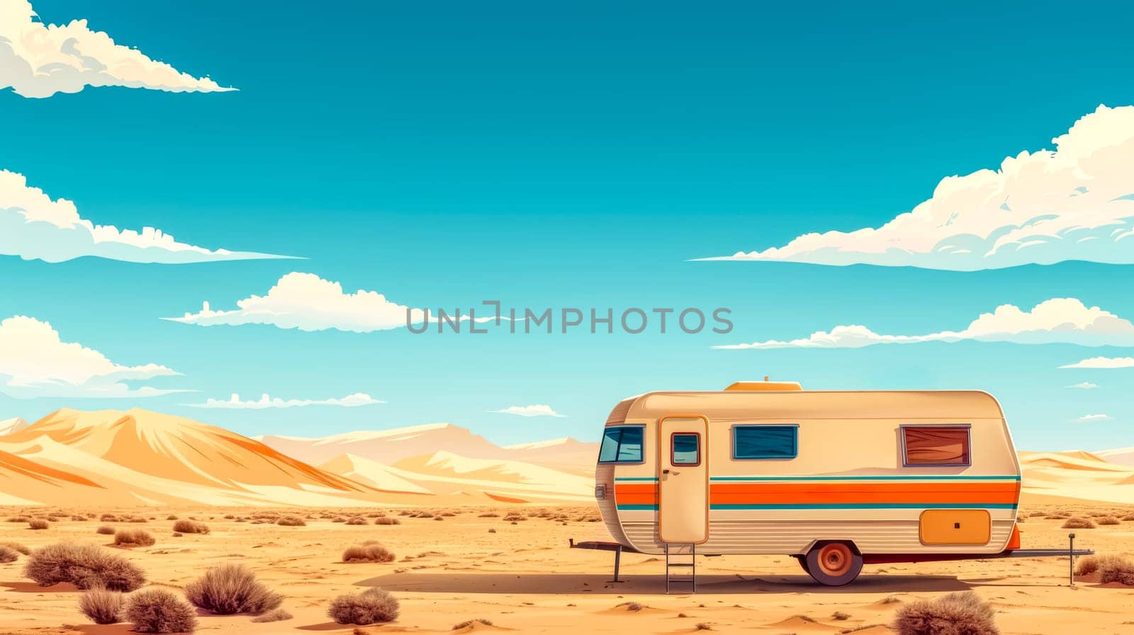 Illustration of a classic caravan parked in a serene desert with blue skies