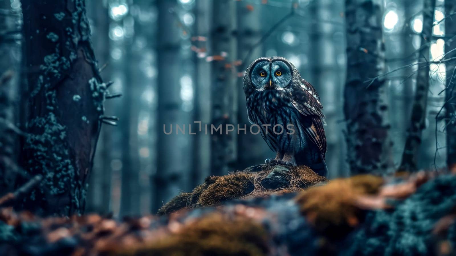Captivating owl stands alert in a misty, enchanted forest bathed in twilight blue hues
