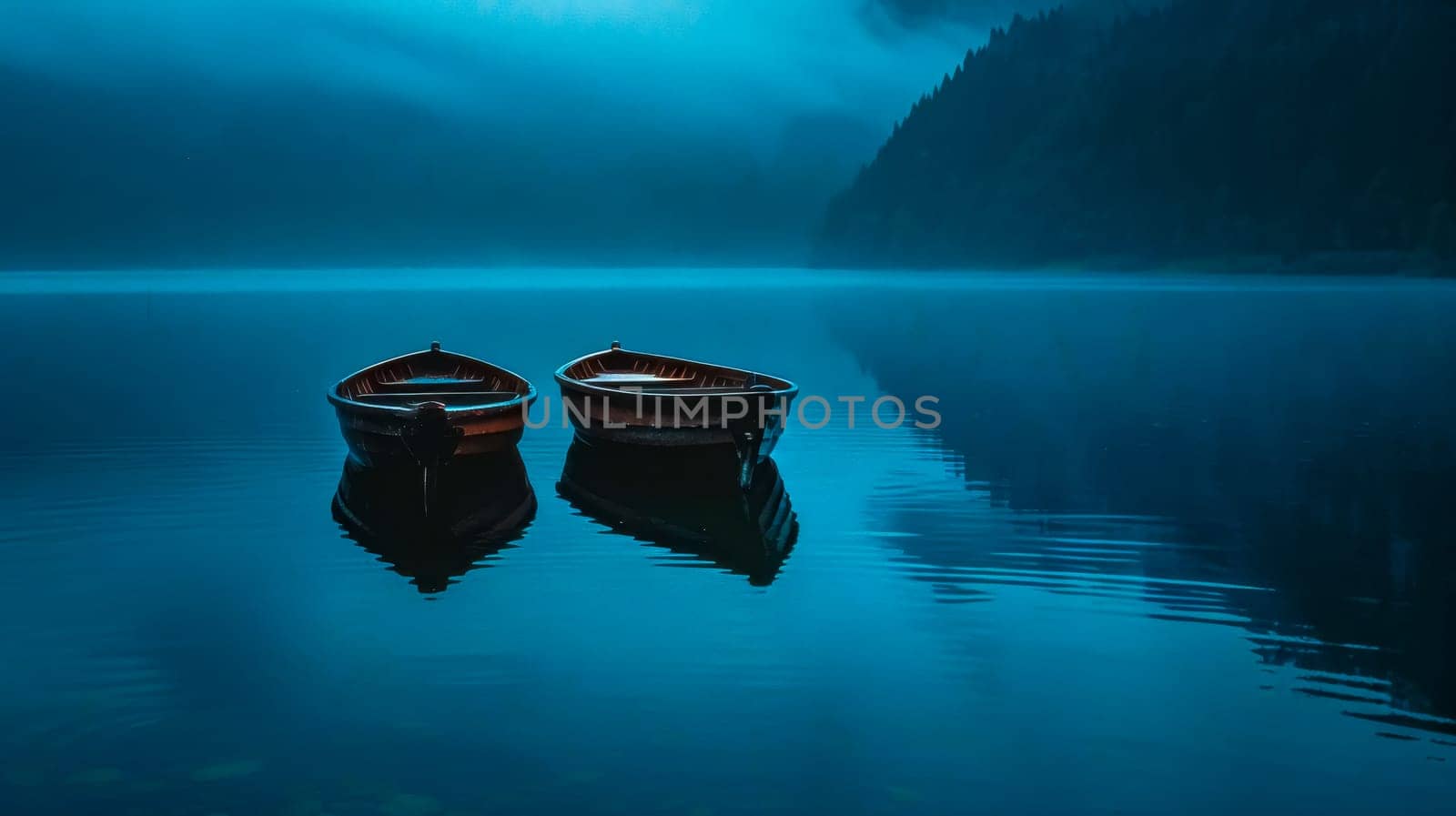 Two boats float peacefully on a calm lake under a dusky blue sky, shrouded in mist