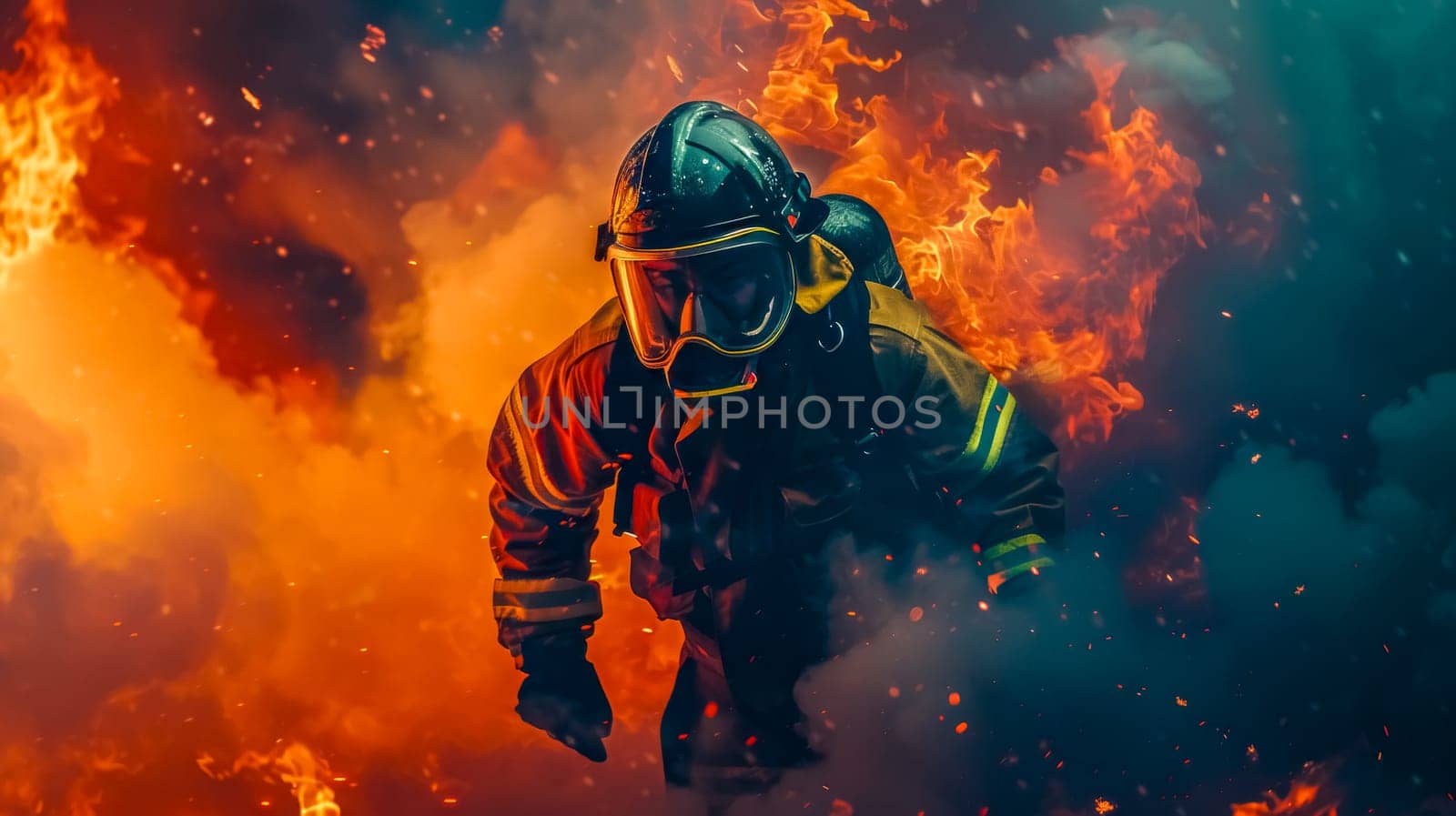 Courageous firefighter advances through roaring flames, showcasing heroism and determination