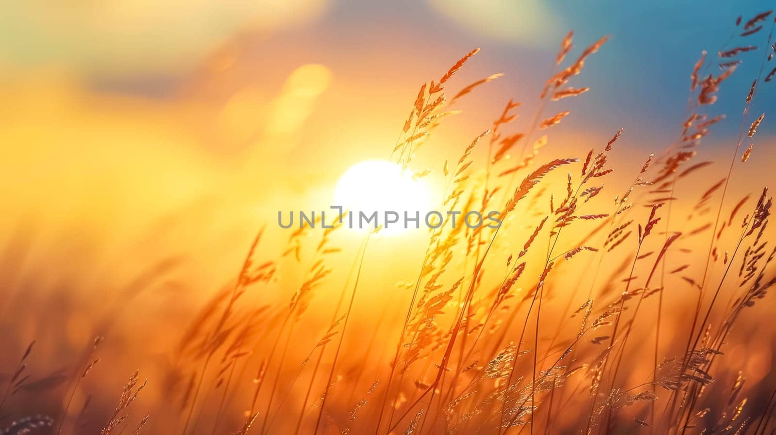 Warm sunlight filters through a field of wheat at sunset, creating a tranquil mood