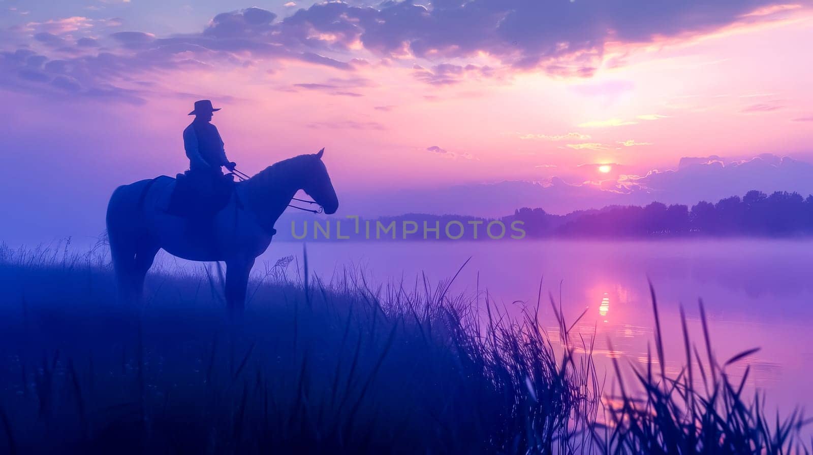 Silhouette of a lone cowboy on horseback at dawn with reflective lake and colorful sky