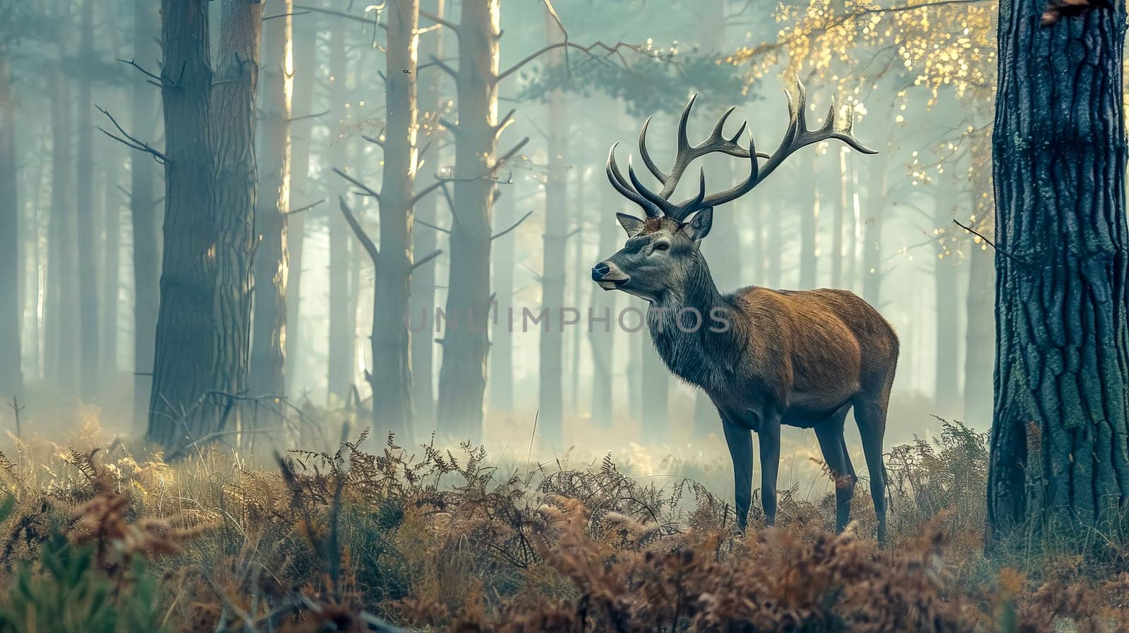 Serene stag with impressive antlers stands among foggy woods at sunrise