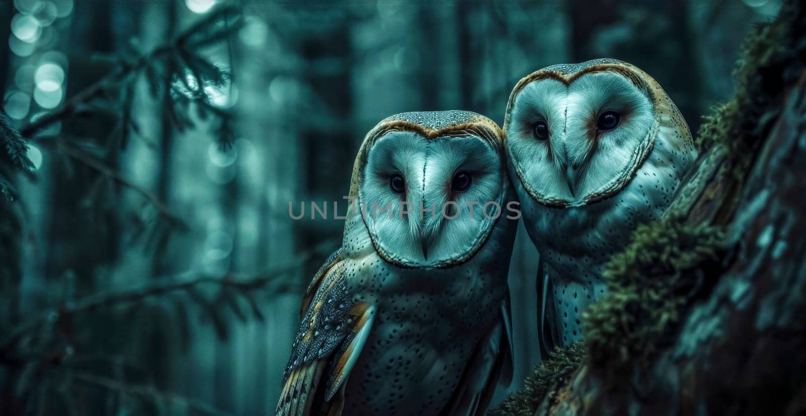 Pair of serene owls resting on a branch amidst a moody, twilight forest