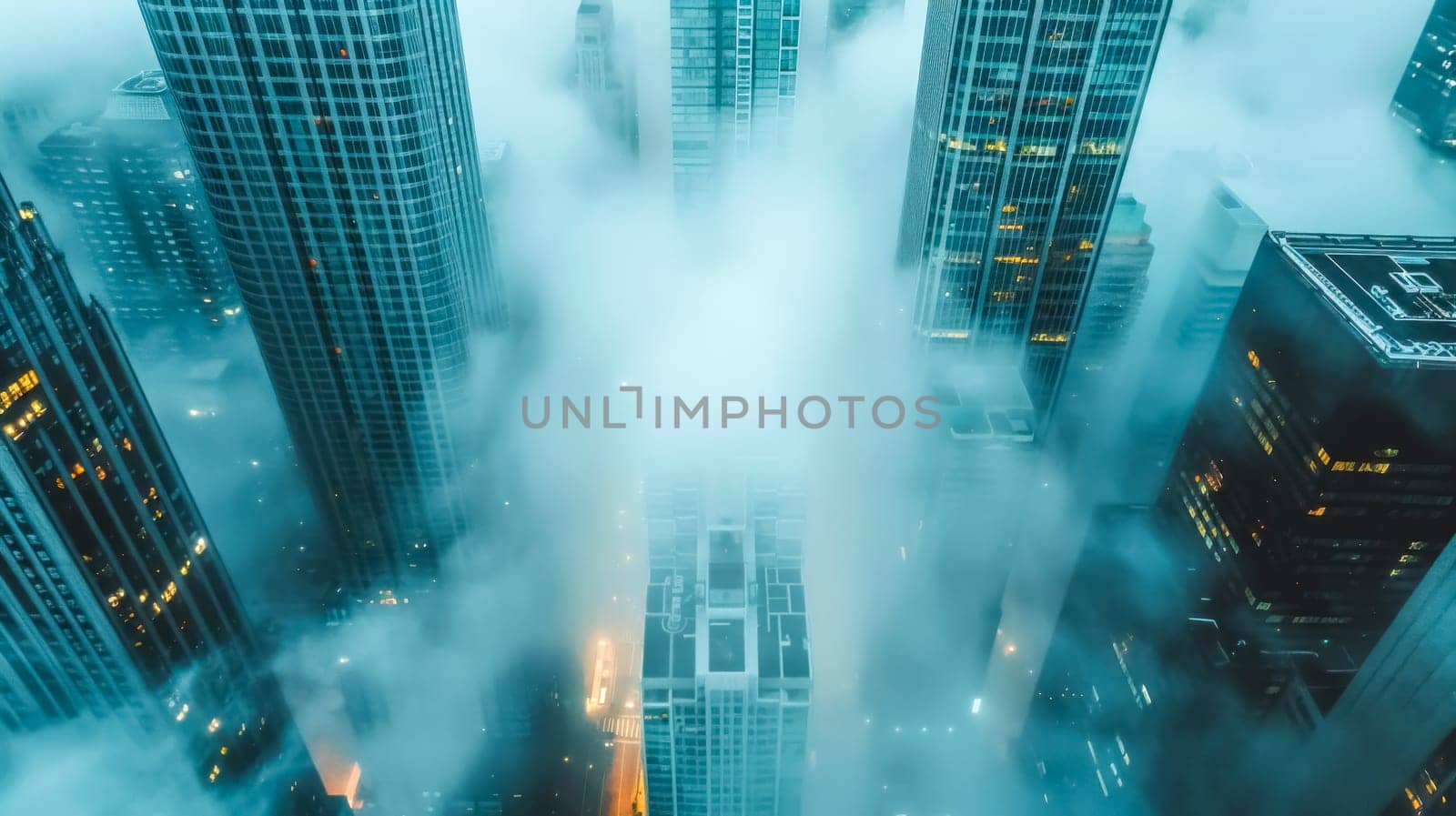Aerial view of misty cityscape with dense fog and mysterious atmosphere, showcasing urban skyscrapers and high-rise buildings in a moody, overcast setting