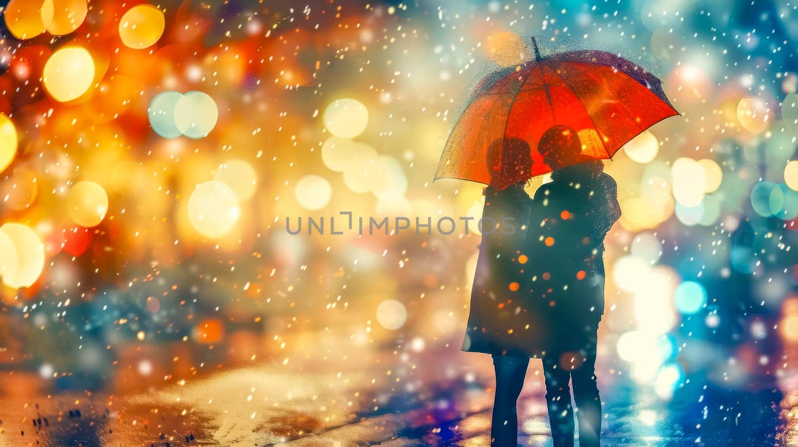 Silhouette of a person under a red umbrella amidst snowfall and festive city lights