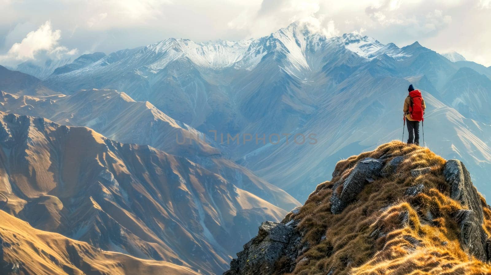 Solitary hiker overlooking mountain range by Edophoto