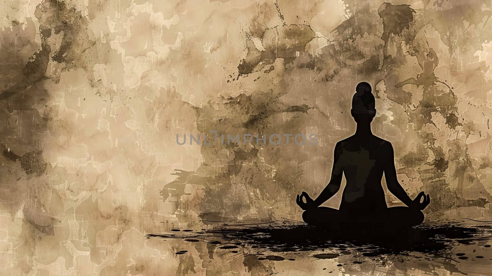 Silhouette of a person in meditation with a tranquil, textured background in earth tones by Edophoto