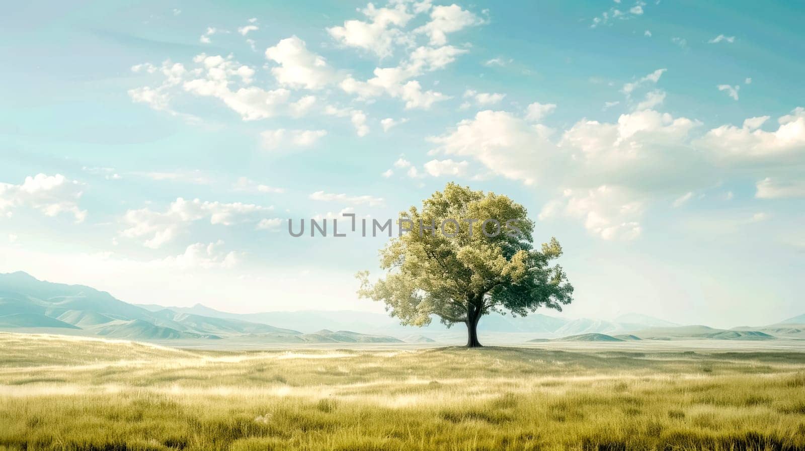 Tranquil scene featuring a single tree in a vast, sunlit meadow with distant mountains