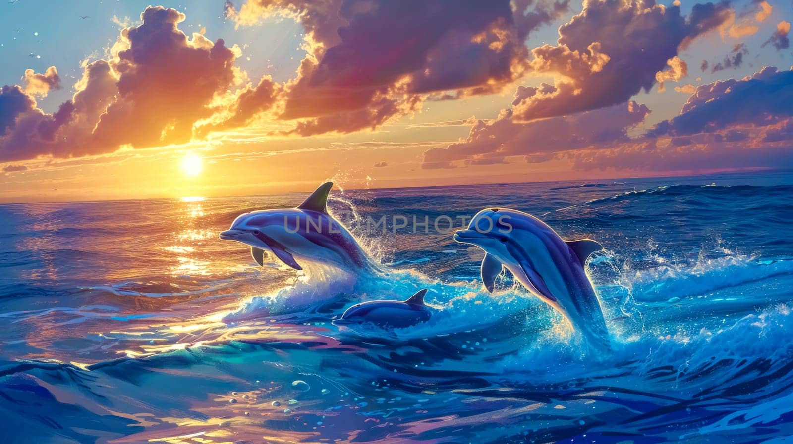 Vibrant illustration of dolphins jumping over ocean waves at golden hour by Edophoto