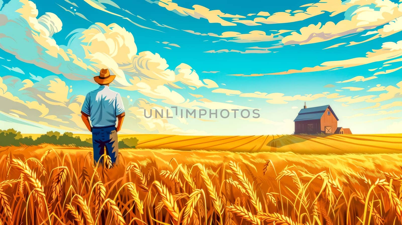 Serene illustration of a farmer gazing at a ripe wheat field under a vibrant sky