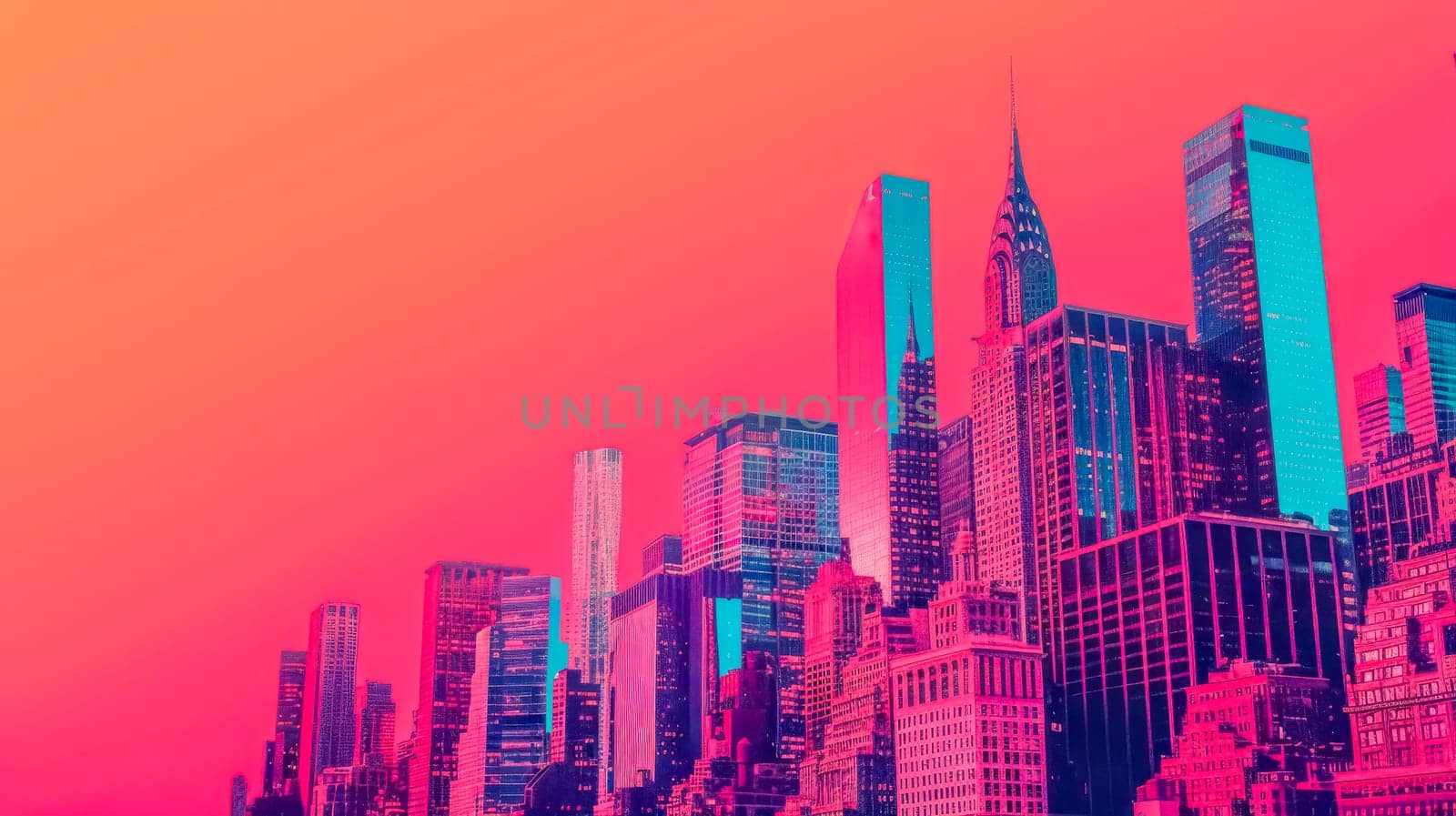 The new york city skyline stands out with a striking pink and orange gradient background at dusk