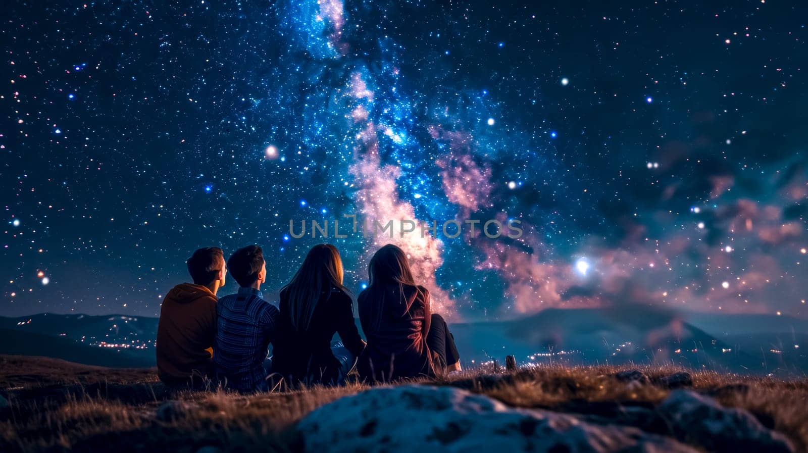 Four friends enjoy the breathtaking view of the milky way while sitting on a hill at night