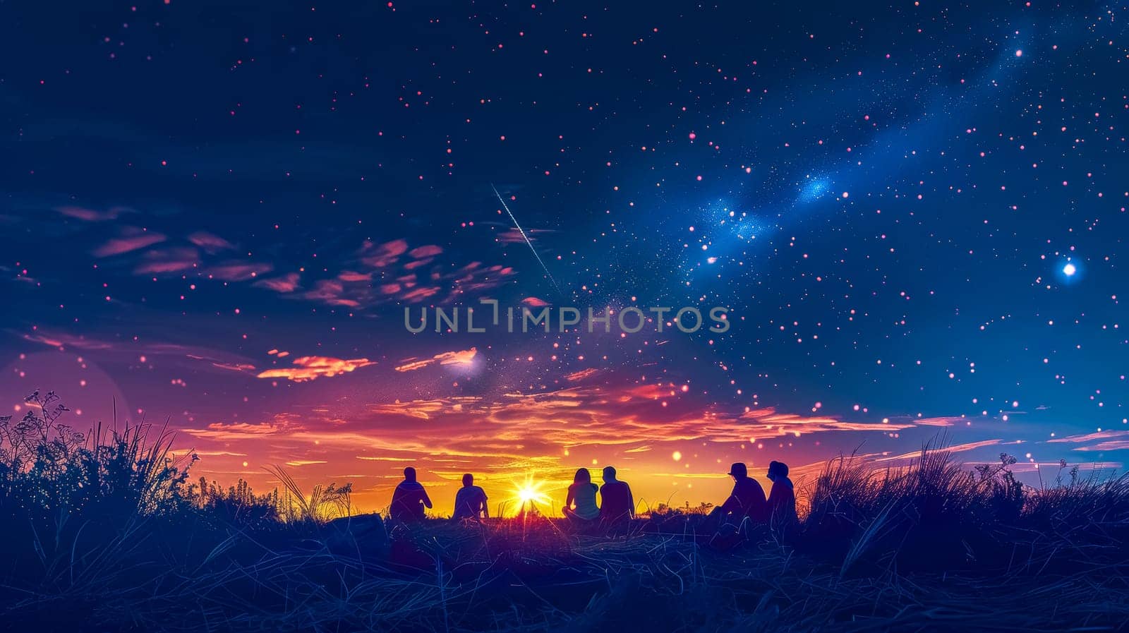 Silhouettes of people against a vivid twilight sky sprinkled with stars and meteors