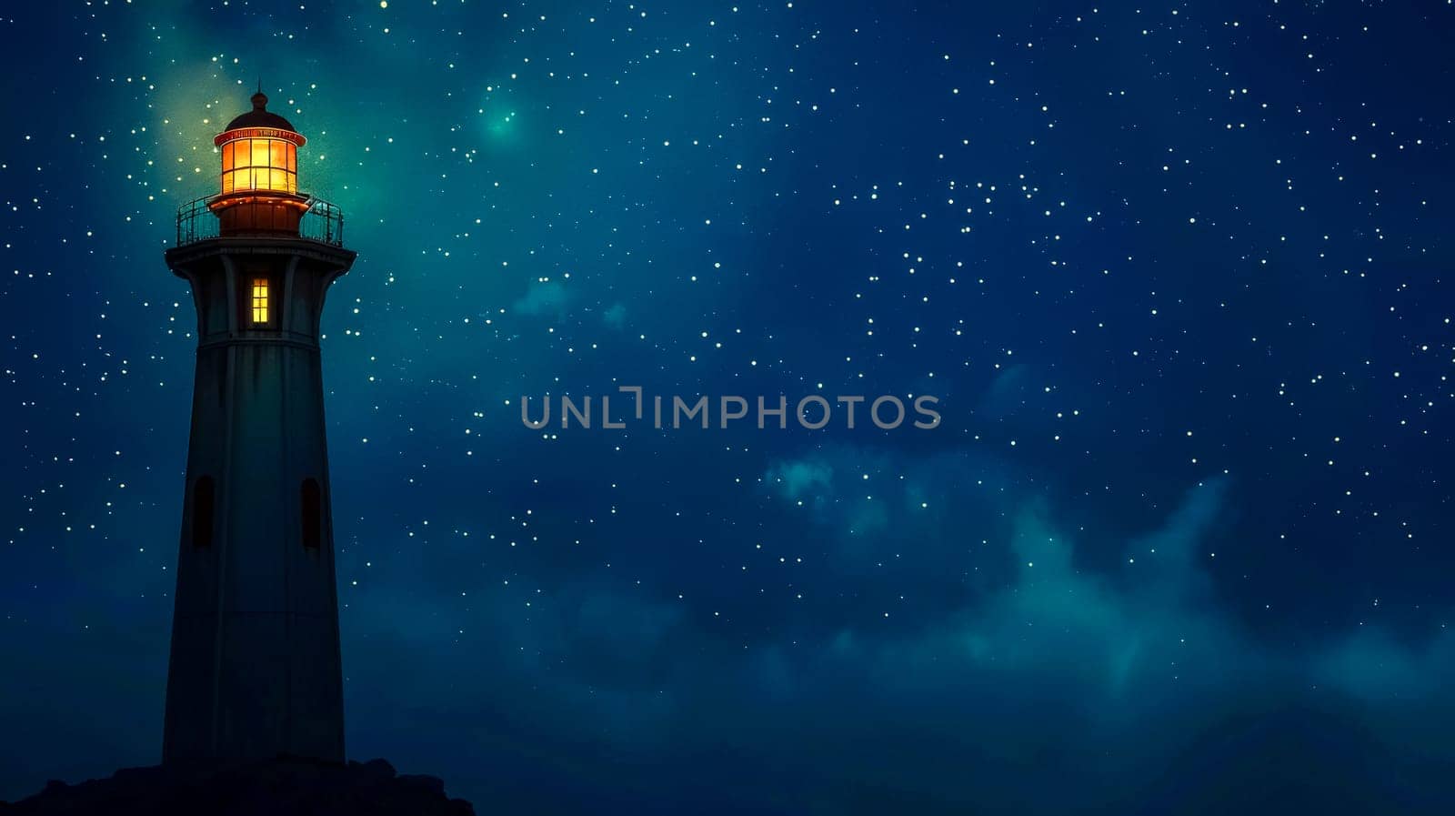 Tranquil scene depicting a lighthouse against a beautiful backdrop of stars