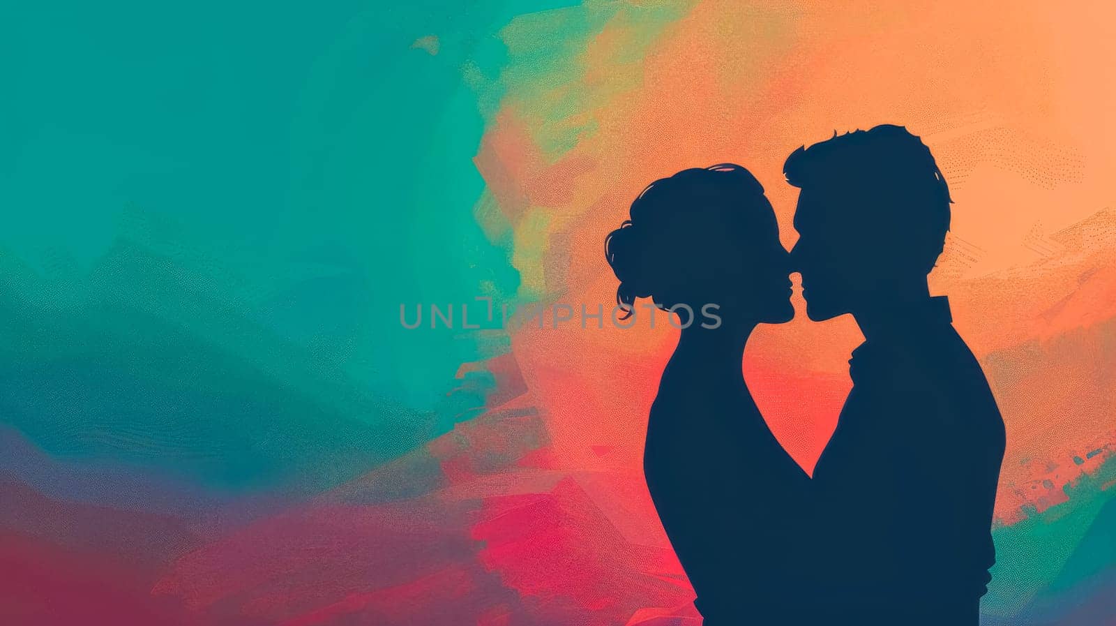 Silhouette profile view of a couple in a tender embrace with vibrant artistic backdrop