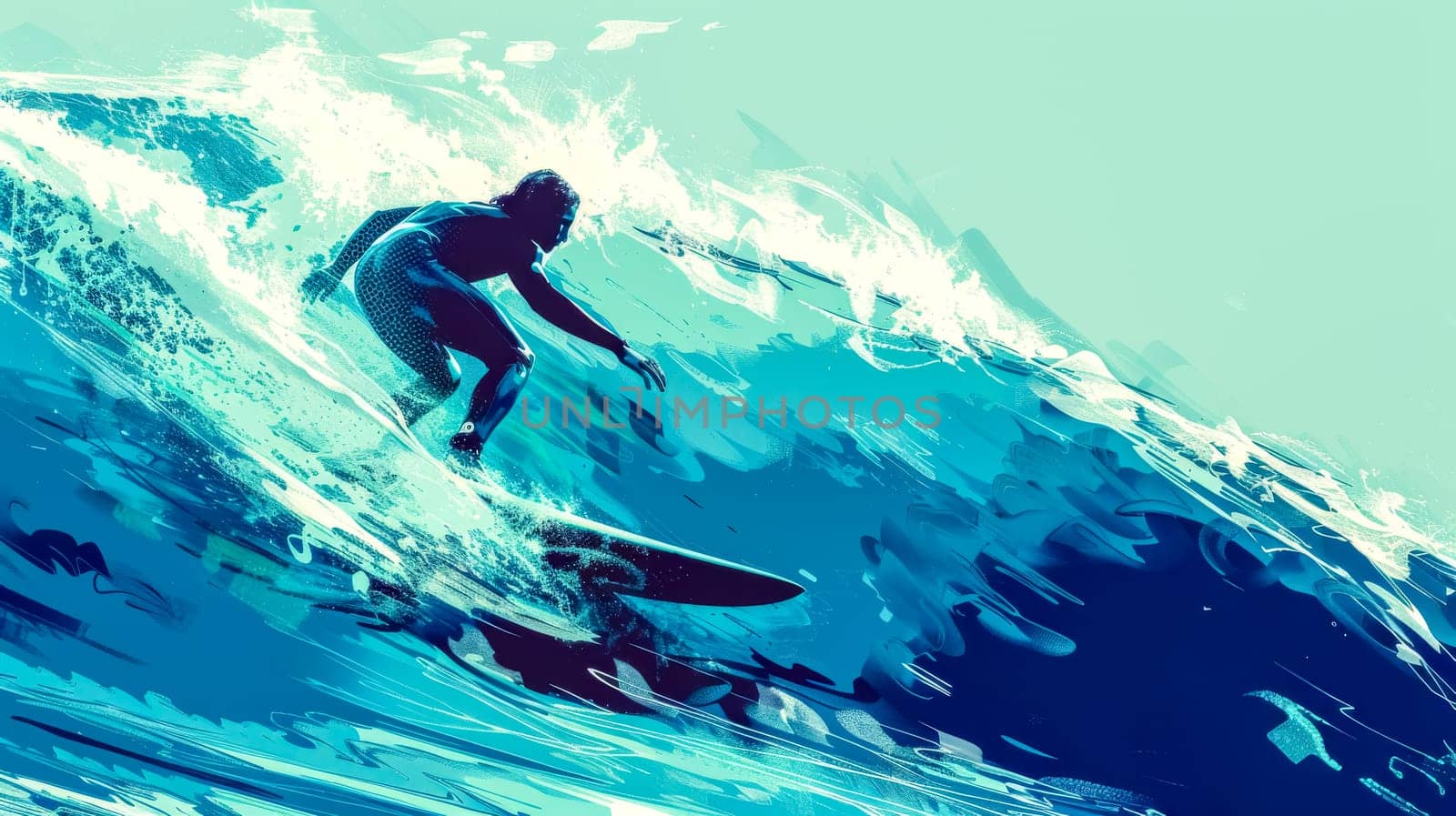 Illustration of an athlete surfing a cresting wave, capturing the movement and energy of water sports