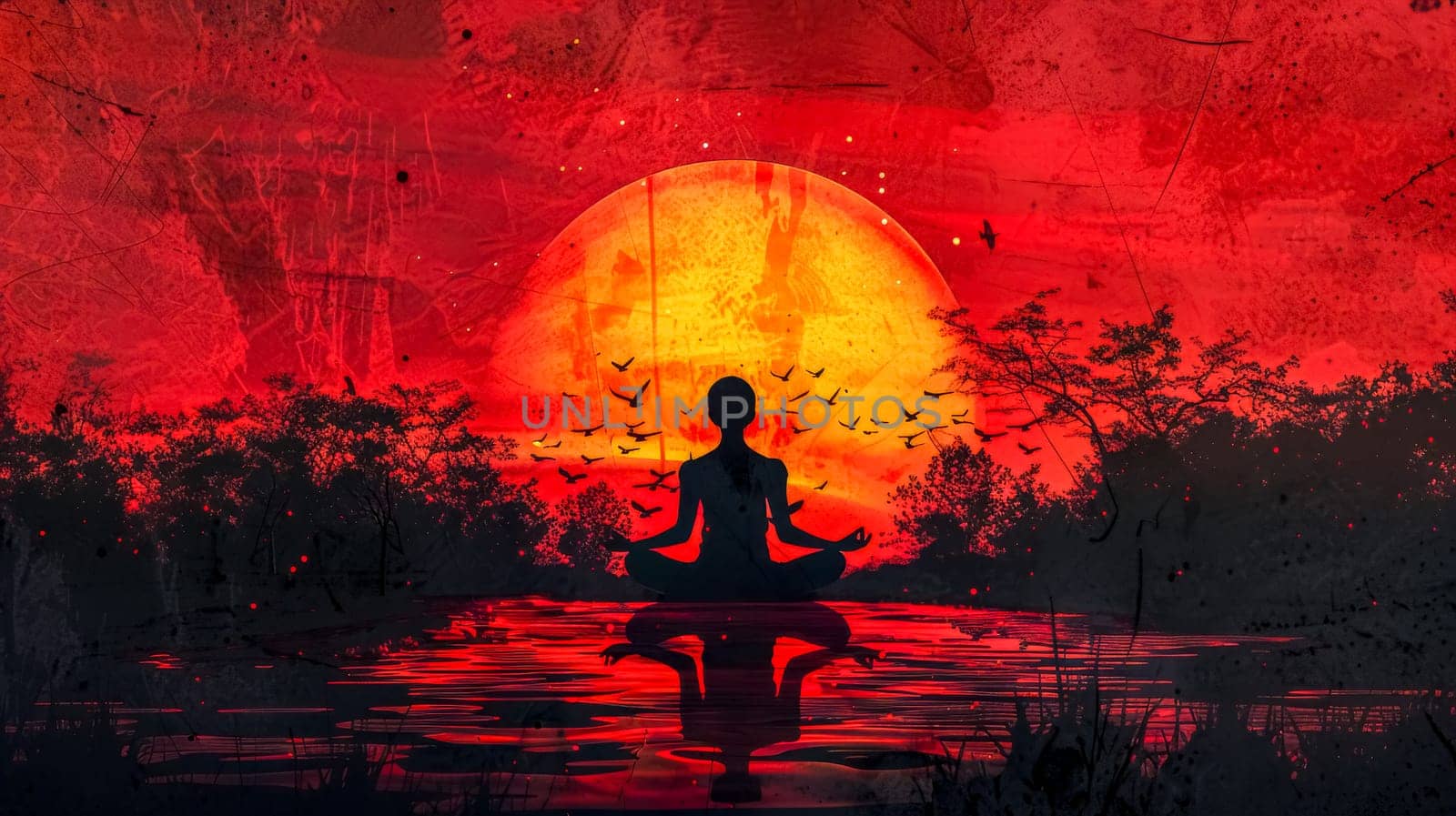 Silhouette of a person meditating by water against a vibrant sunset with birds