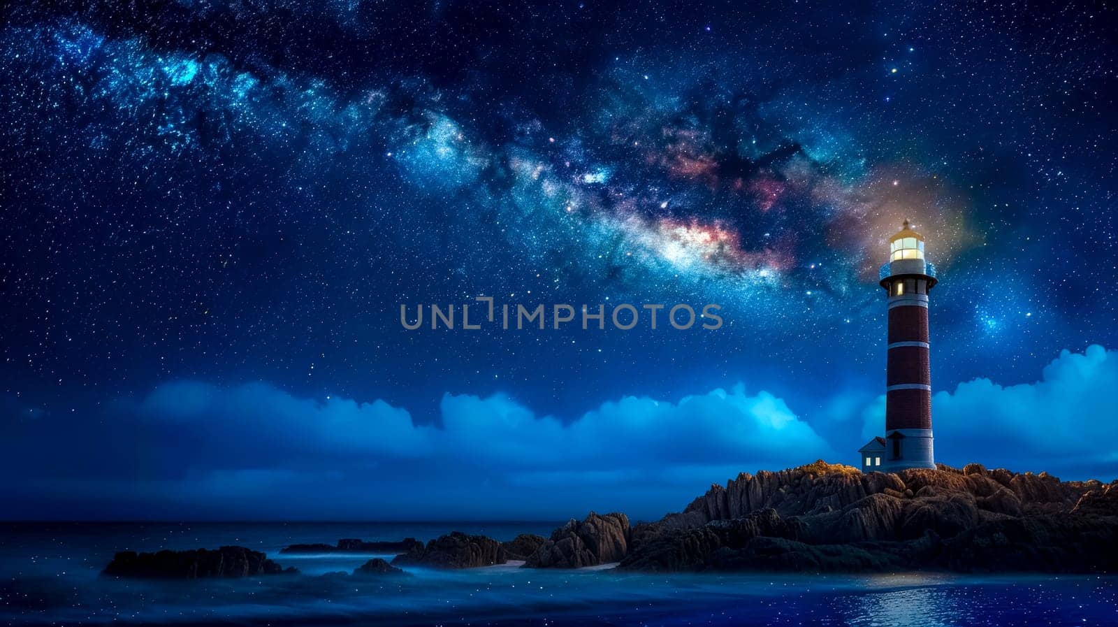 Serene night landscape with a lighthouse illuminated under a vibrant milky way galaxy