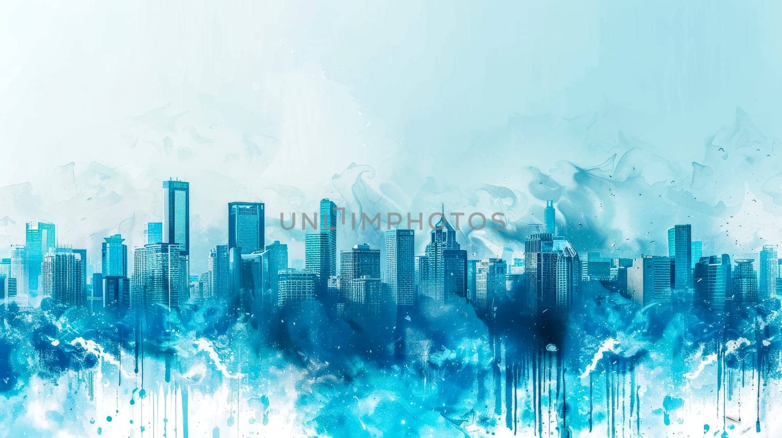 Artistic impression of a city skyline blended with blue watercolor splashes