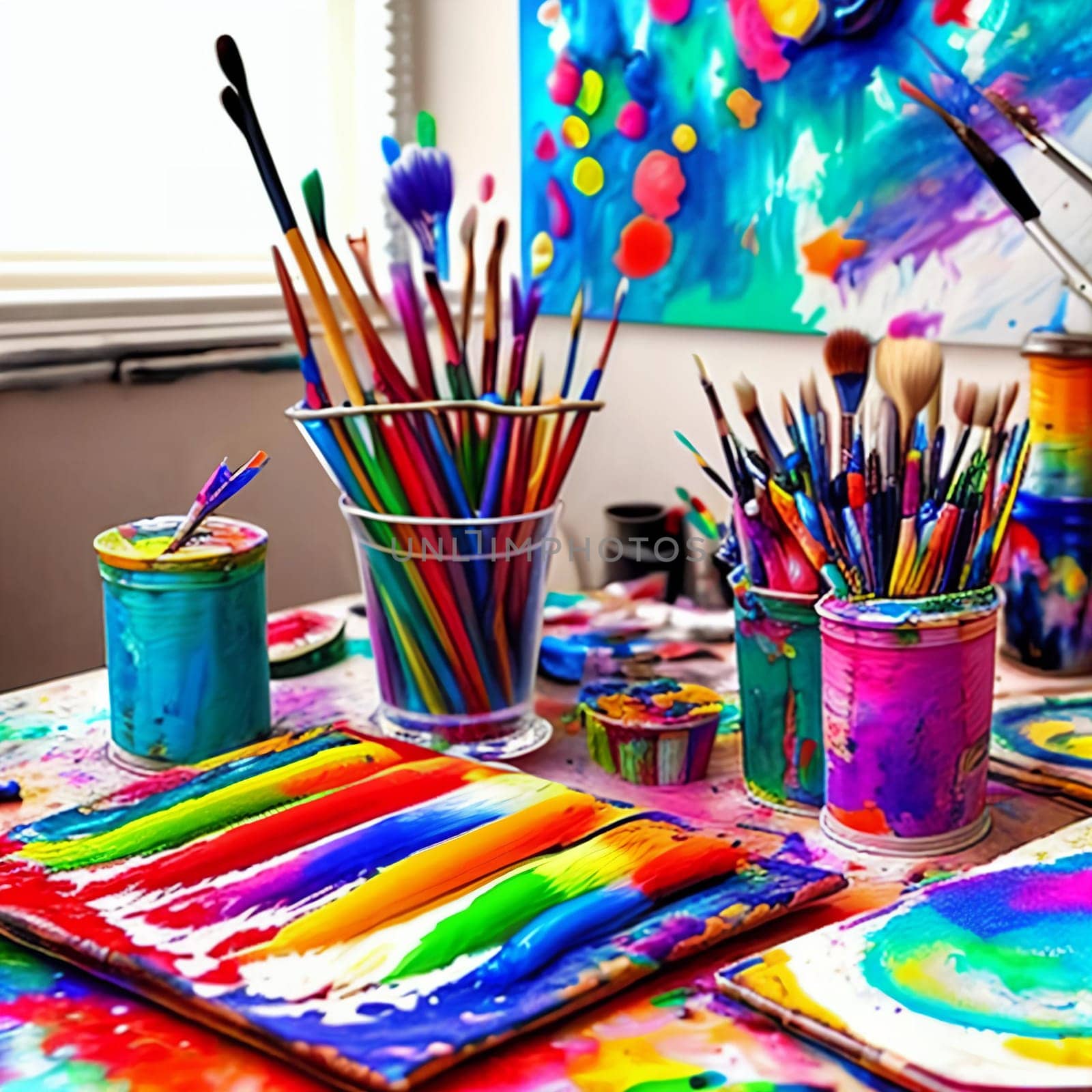 Collection of artistically arranged paintbrushes and tubes of colorful acrylic paints on a messy studio table. Creative chaos and vibrant palette to appeal to art enthusiasts