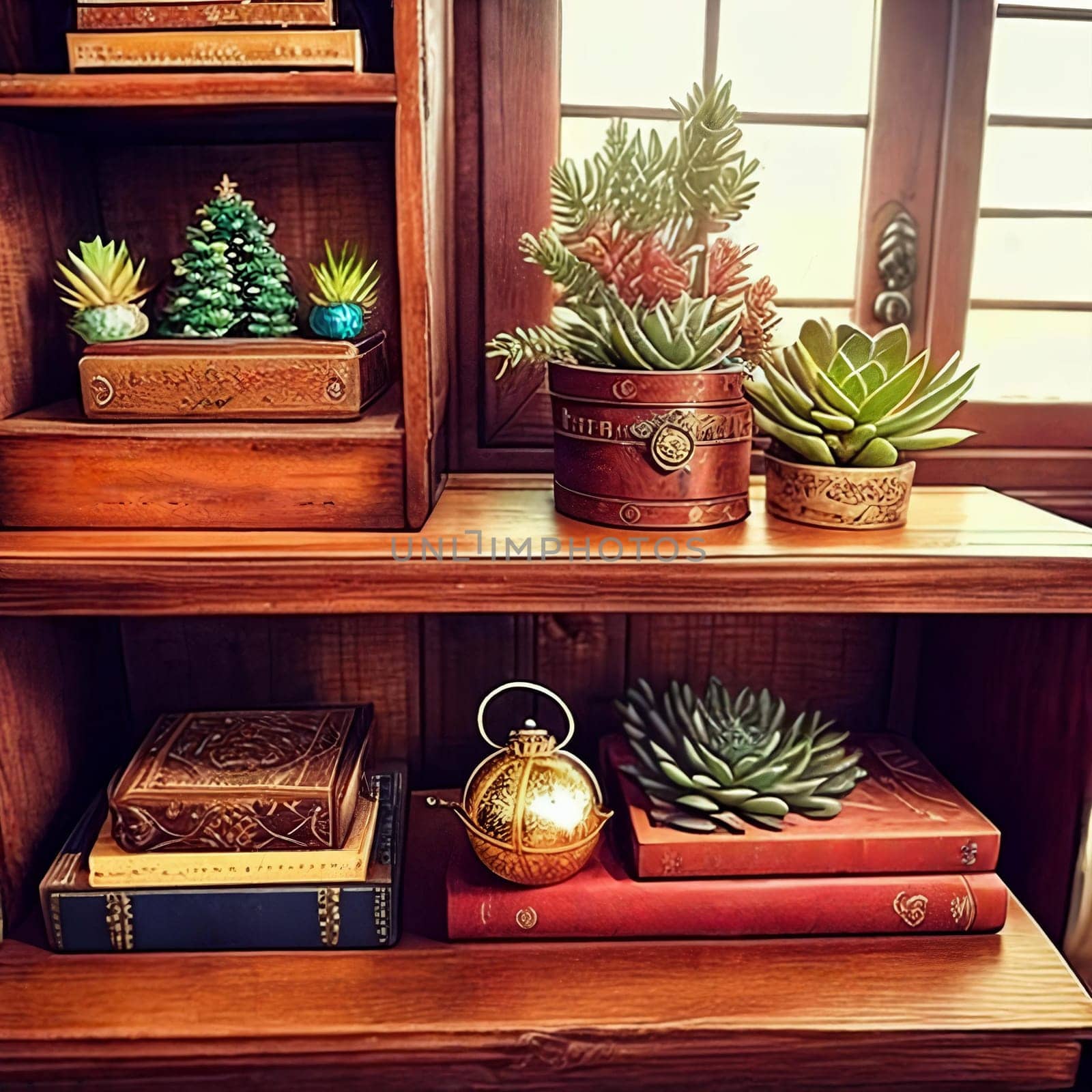 Intricate details of a rustic wooden bookshelf. by GoodOlga