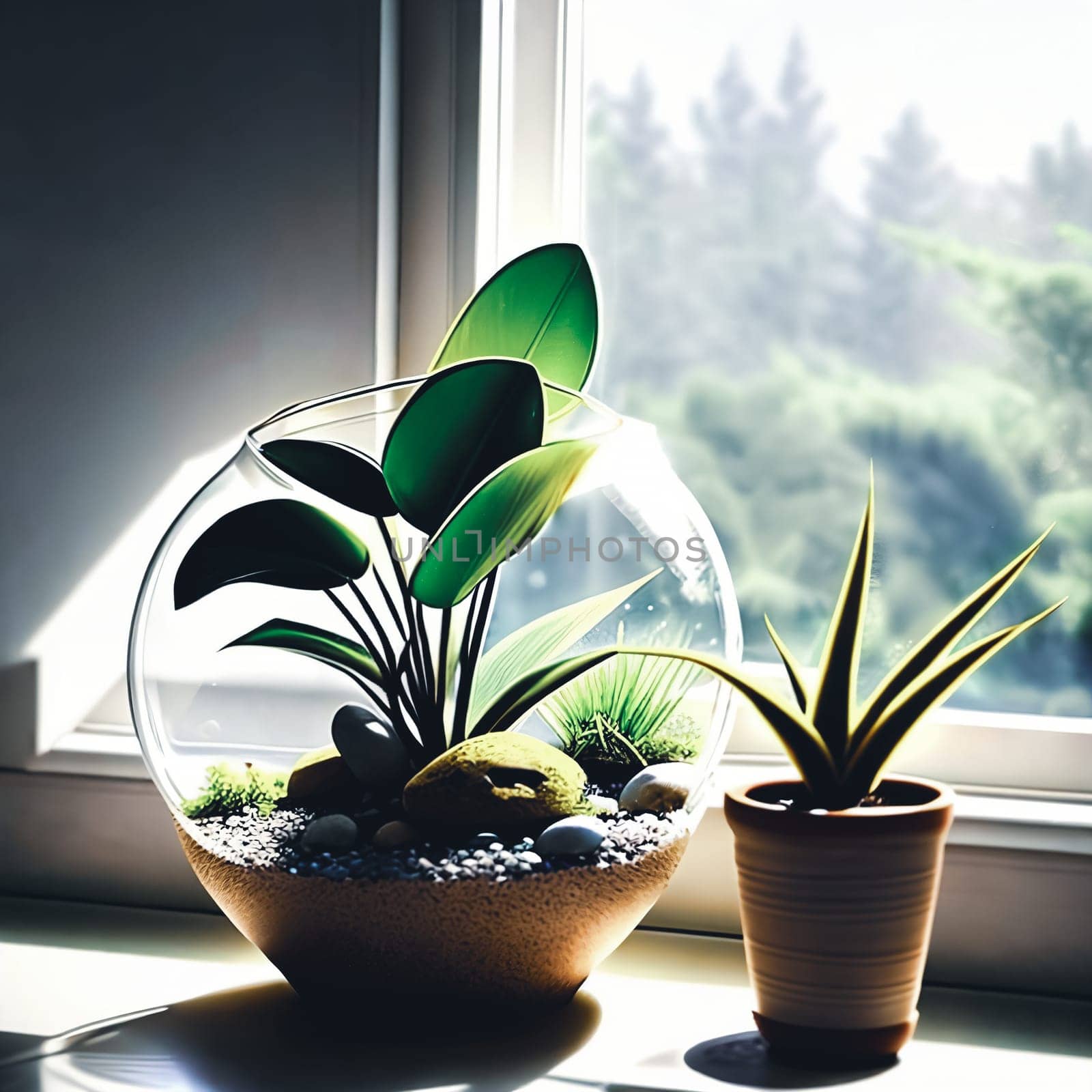 Minimalist terrarium sitting on a sunlit windowsill, showcasing the play of light and shadows on the tiny plants and pebbles.