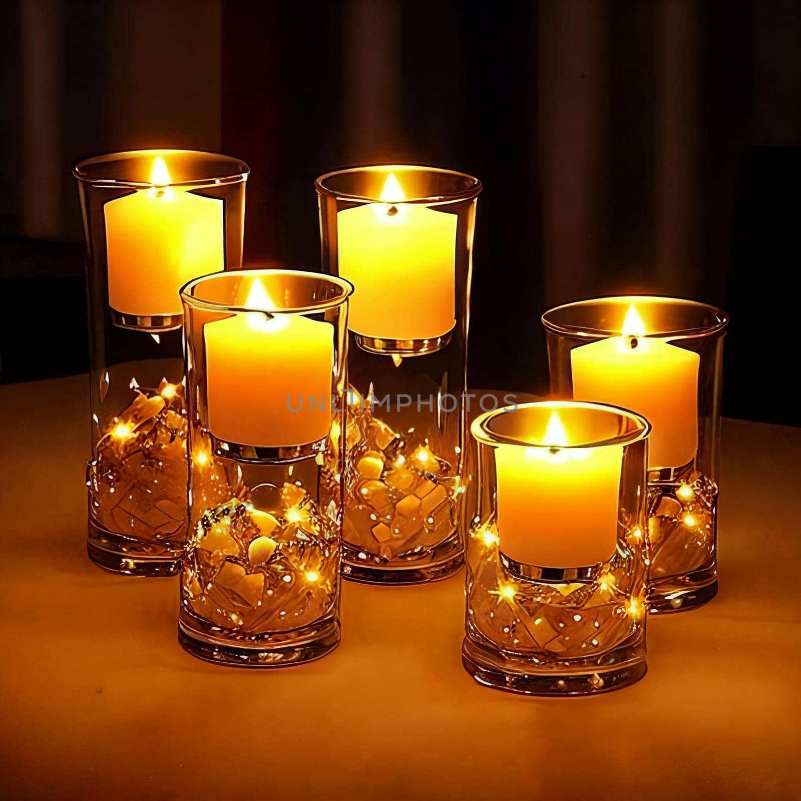 Cluster of decorative glass candle holders reflecting the warm glow of flickering candles. Interplay of light and glass textures to create a captivating image of ambiance and serenity