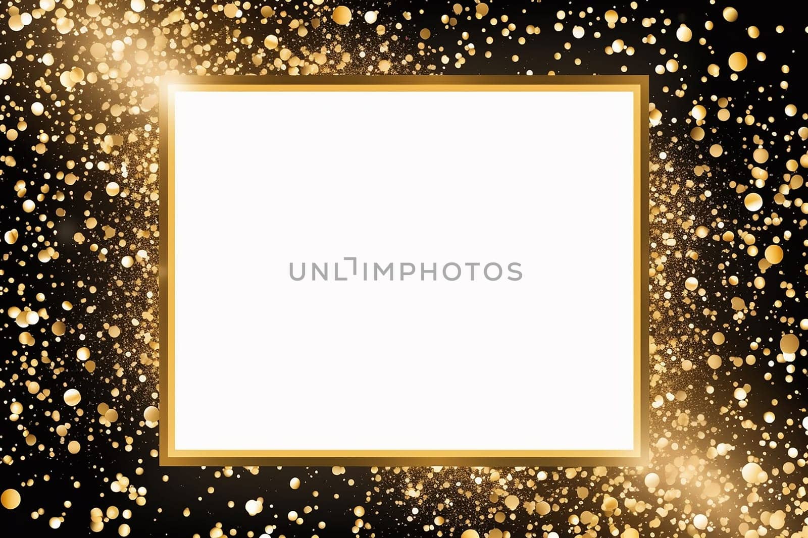 Elegant golden frame on a black background with sparkling golden particles scattered around.