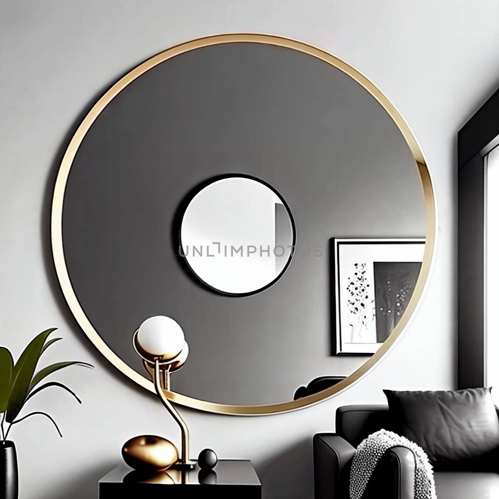 Close-up shot of a stylish round wall mirror reflecting a modern living room decor. by GoodOlga