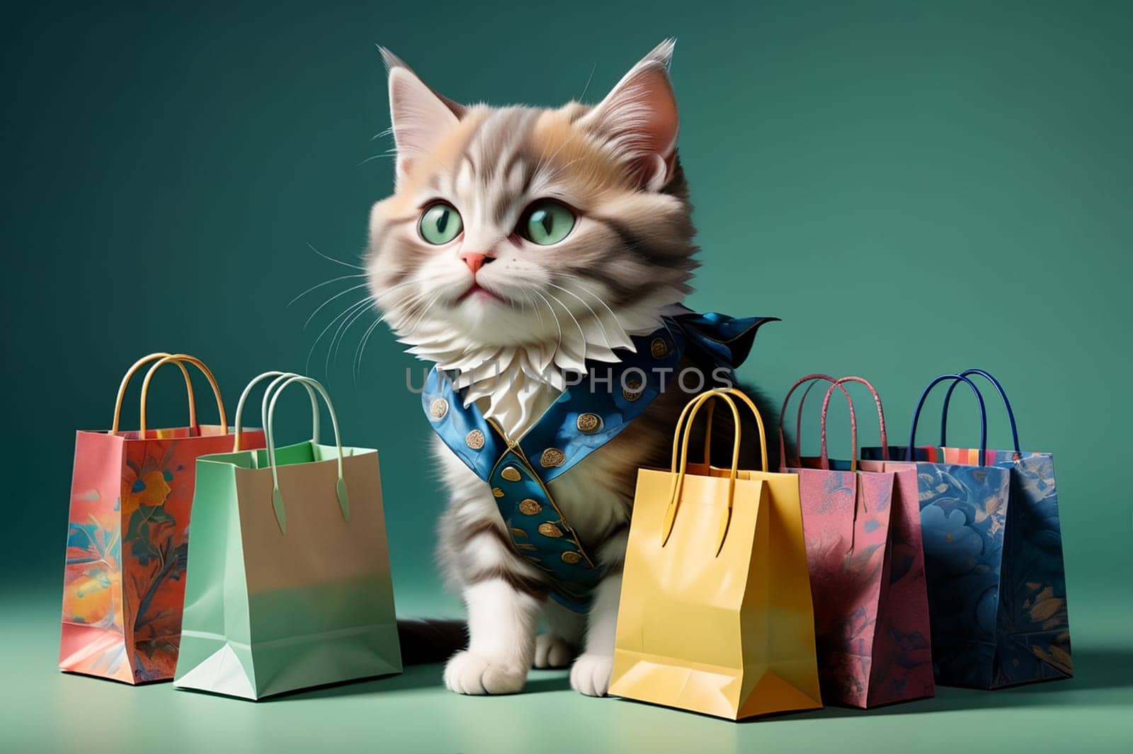 fashionable cat with shopping. AI generated image.